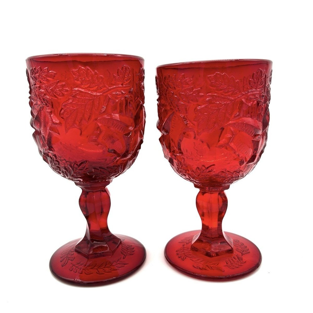 Westmoreland Panel Grape Goblets Set 2 Ruby Red Pressed Glass 6.25 Inch Vintage